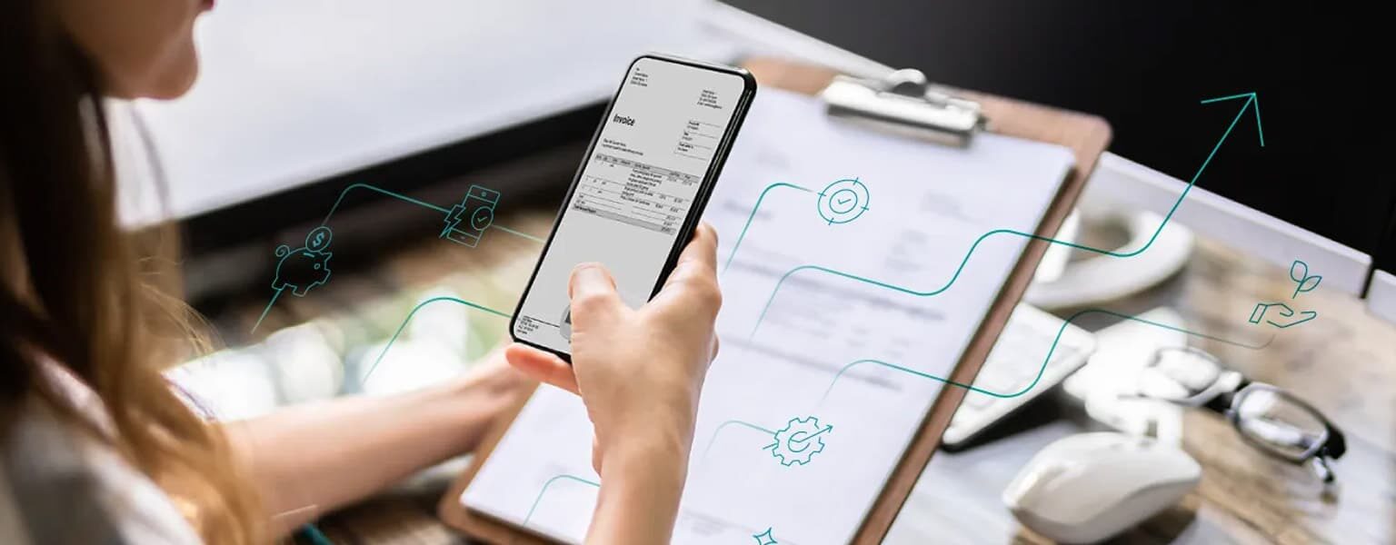 A woman using Optical Character Recognition (OCR) in an office