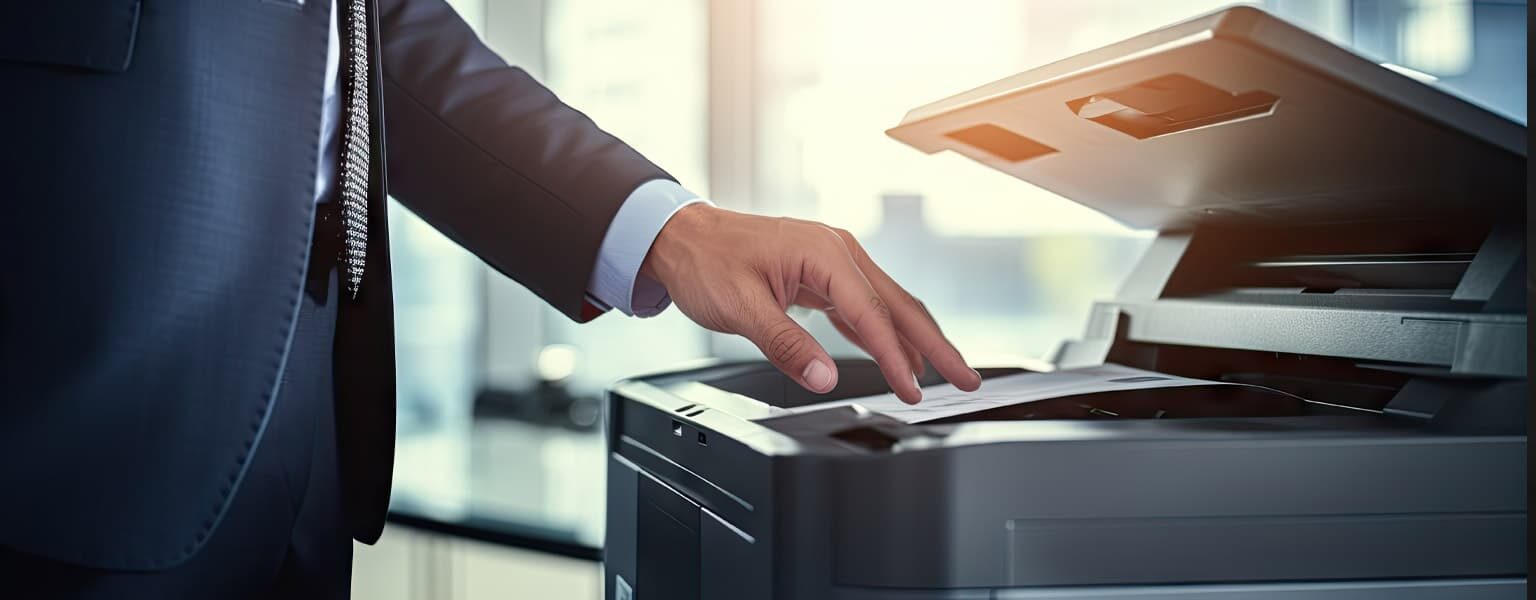 A man using one of the office print fleet machines
